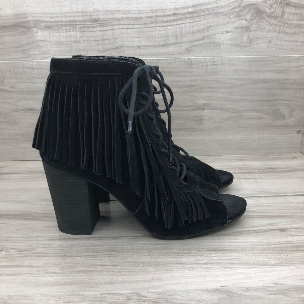 Gianni Bini Fringe Booties Womens 11 Black Suede Zip Lace Up Open Toe Ankle Boot